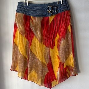 St John Sport yellow and red silk and denim casual 90’s asymmetrical skirt